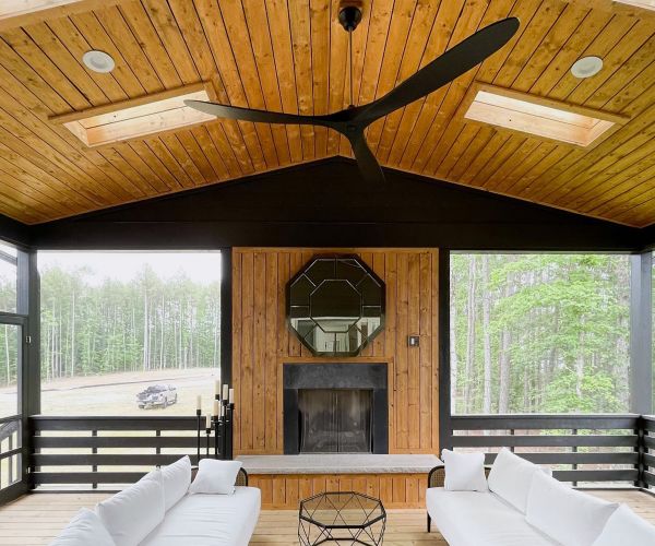 Screened Porch Fireplace And Stained Wood Ceiling After Refinishing