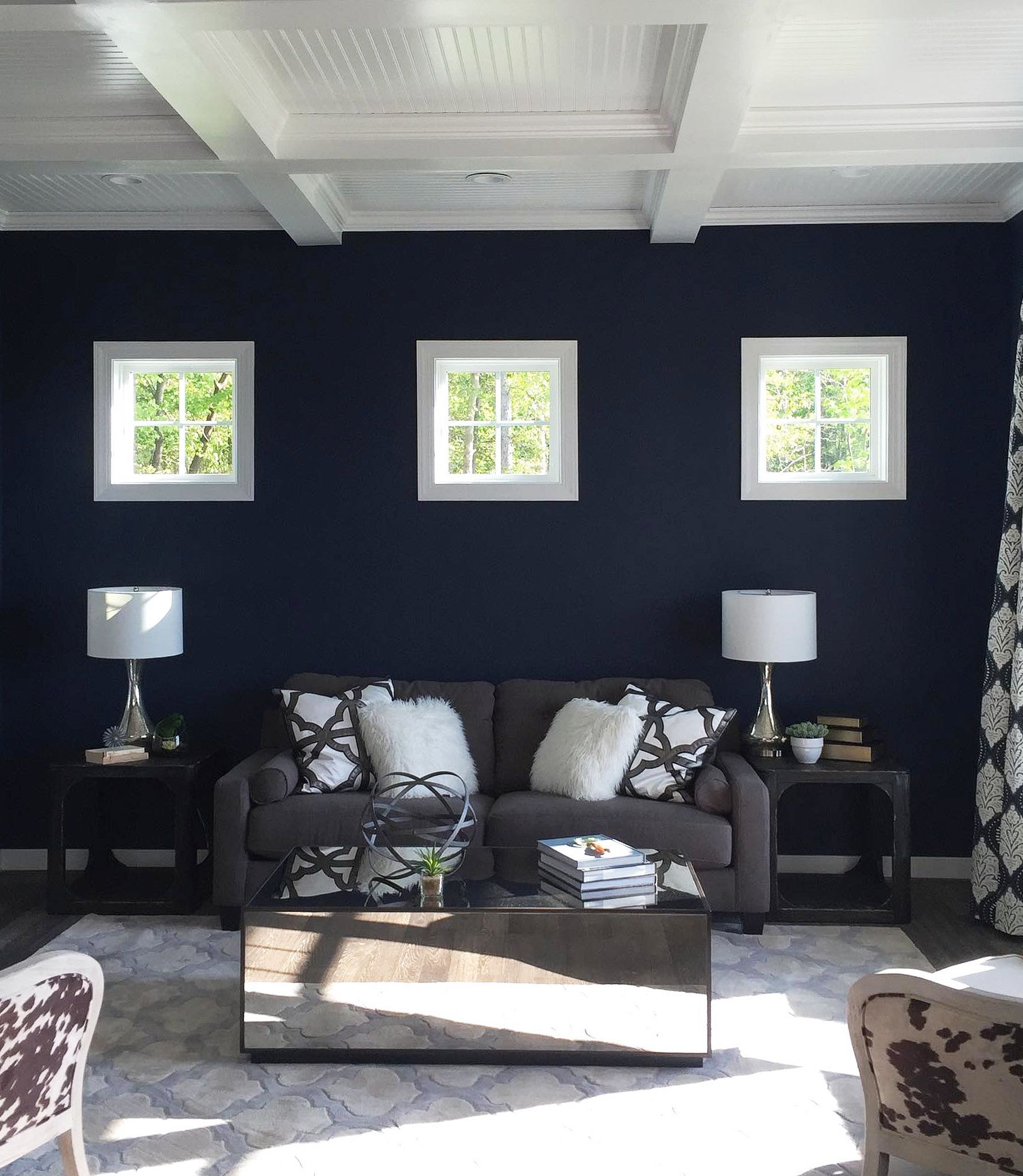 The Living Rooms Front Wall Is Painted In A Vibrant Dark Navy Color