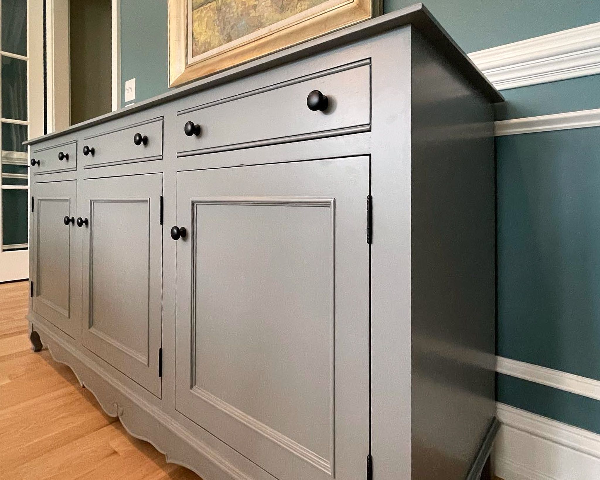 Close Up Wood Look Kitchen Cabinet Painted Grey