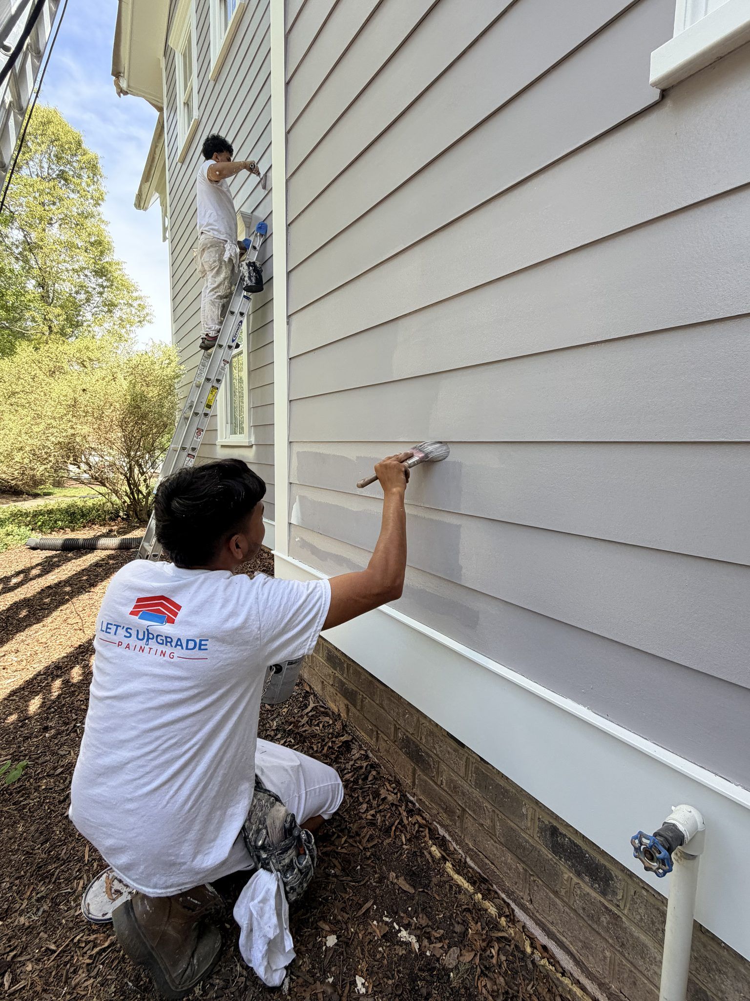 Painter Brushing Lap Siding On A Lavender Home