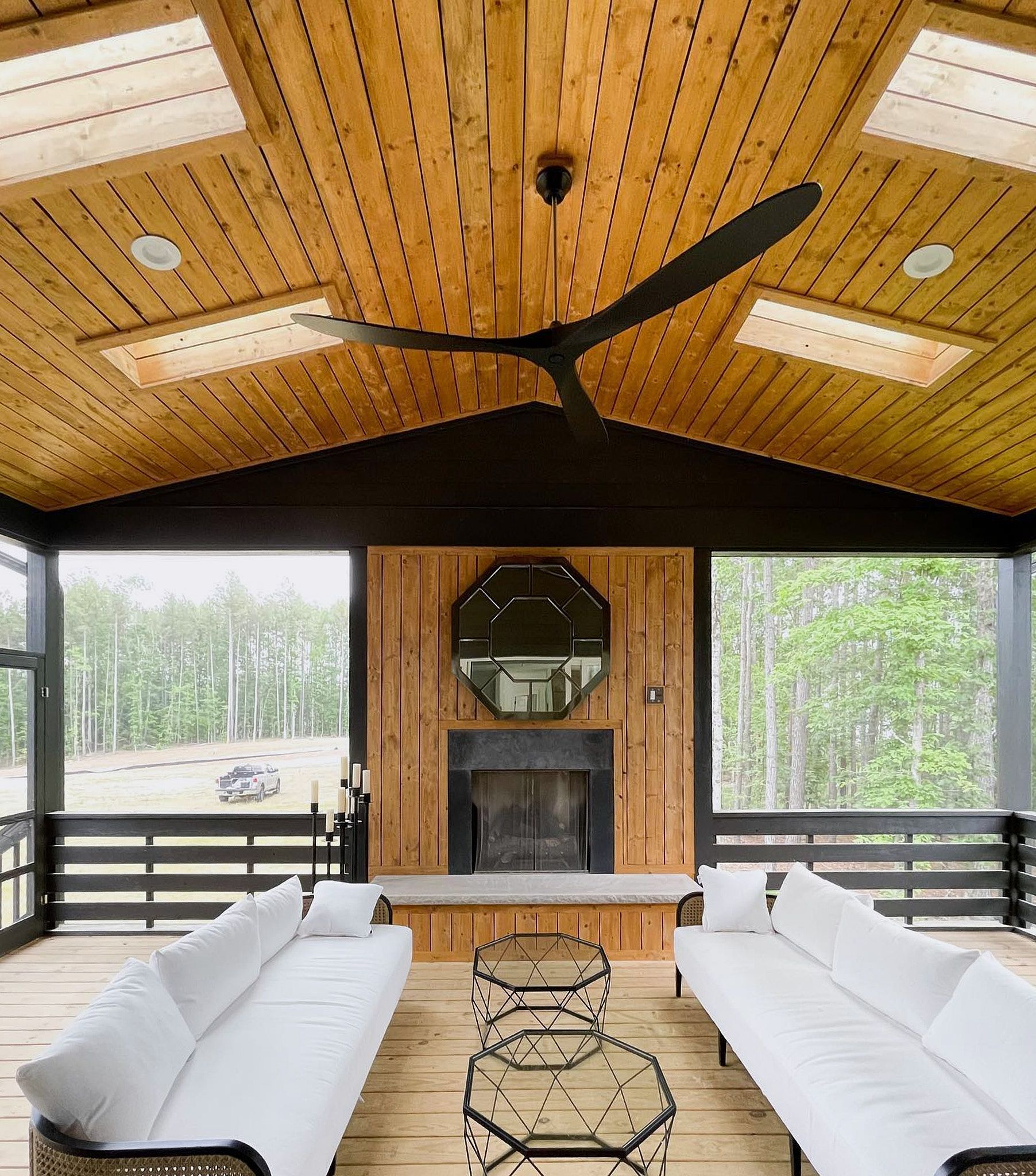 Screened Porch Fireplace And Stained Wood Ceiling After Refinishing