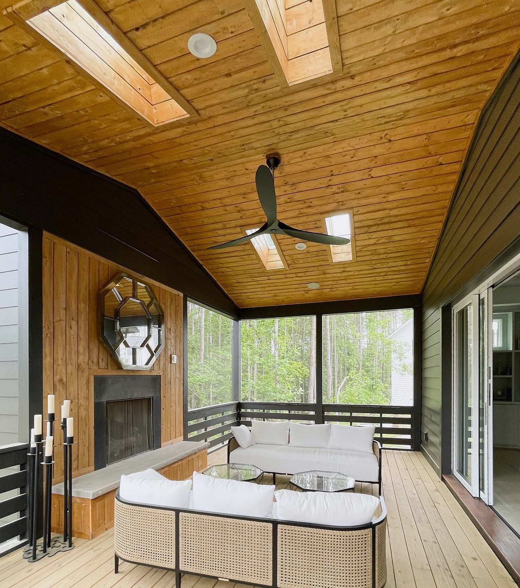 Screened Porch With Stained Wood Ceiling After Refinishing