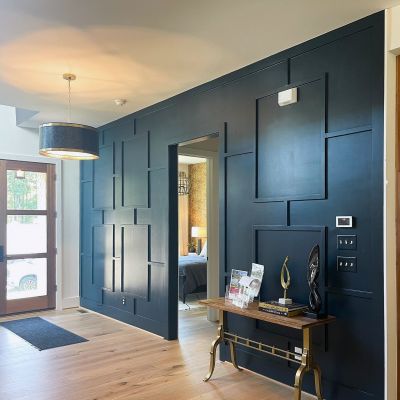 An Eye-Catching Feature Wall Inside A House, Painted In Jet Black Color With Some Premium Patterns On It